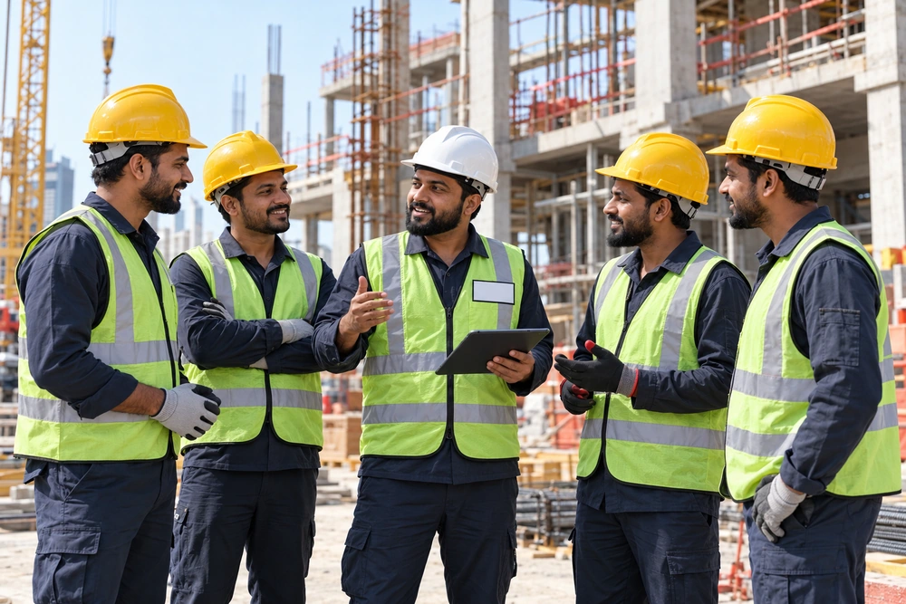 Construction colleagues sharing a friendly team discussion